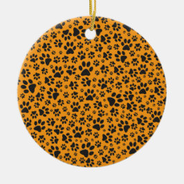 Dog Paws Black & White Polka Dot auf Dahlia Orange Keramik Ornament