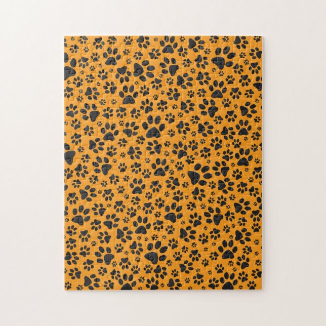 Dog Paws Black & White Polka Dot auf Dahlia Orange Puzzle (Vertikal)