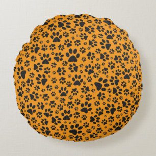 Dog Paws Black & White Polka Dot auf Dahlia Orange Rundes Kissen