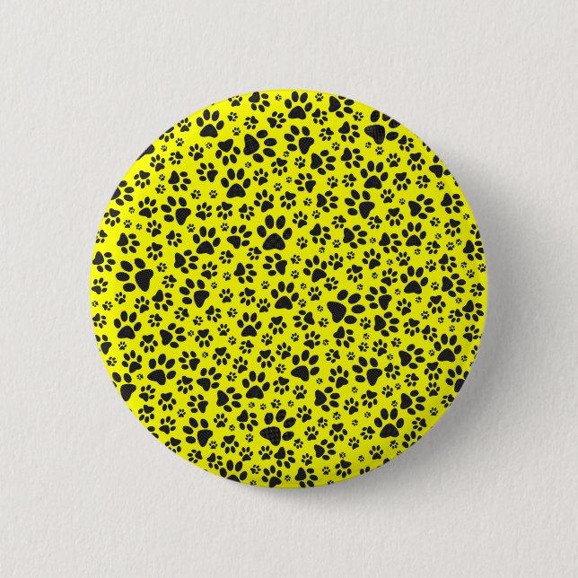 Dog Paws Black & White Polka Dot auf gelb Button (Vorderseite)