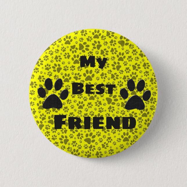 Dog Paws Black & White Polka Dot auf gelber Taste Button (Vorderseite)