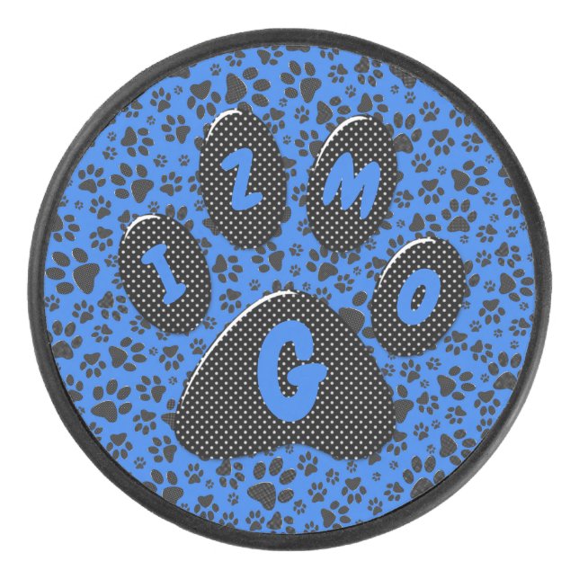Dog Paws Black & White Polka Dot auf Tech Blue Eishockey Puck (Vorderseite)