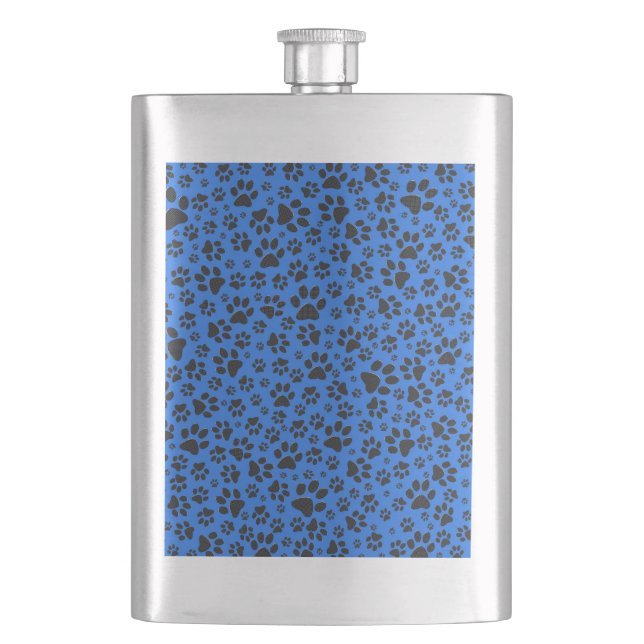 Dog Paws Black & White Polka Dot auf Tech Blue Flachmann (Vorderseite)