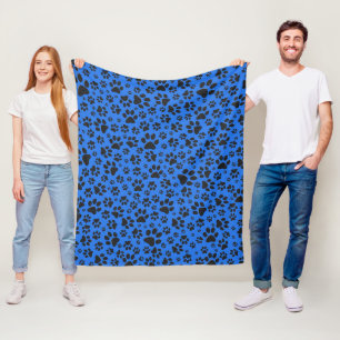 Dog Paws Black & White Polka Dot auf Tech Blue Fleecedecke