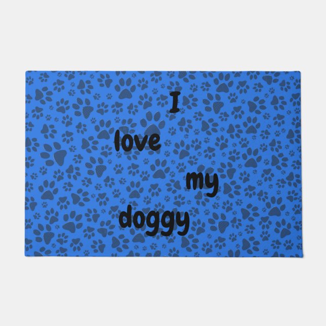 Dog Paws Black & White Polka Dot auf Tech Blue Fußmatte (Vorderseite)