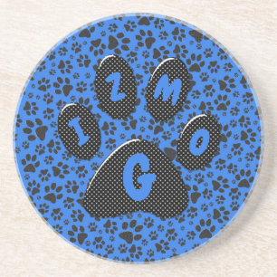 Dog Paws Black & White Polka Dot auf Tech Blue Getränkeuntersetzer