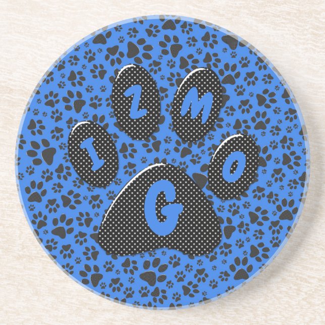Dog Paws Black & White Polka Dot auf Tech Blue Getränkeuntersetzer (Vorne)