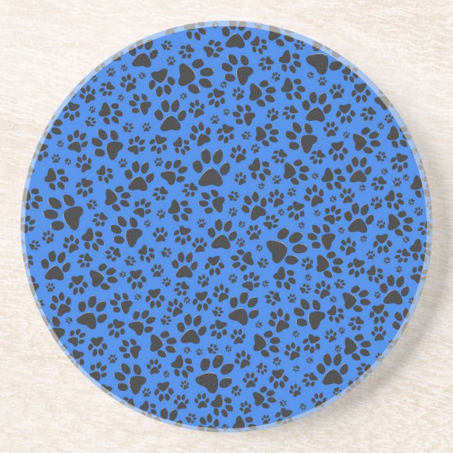 Dog Paws Black & White Polka Dot auf Tech Blue Getränkeuntersetzer (Vorne)