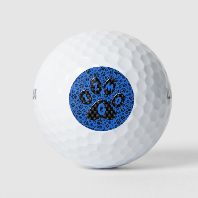 Dog Paws Black & White Polka Dot auf Tech Blue Golfball (Vorderseite)