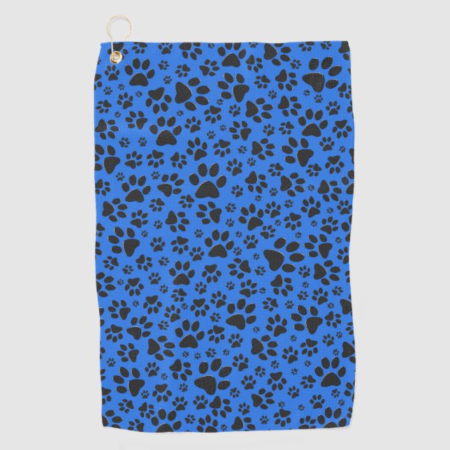 Dog Paws Black & White Polka Dot auf Tech Blue Golfhandtuch (Vorderseite)