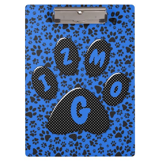 Dog Paws Black & White Polka Dot auf Tech Blue Klemmbrett (Vorderseite)
