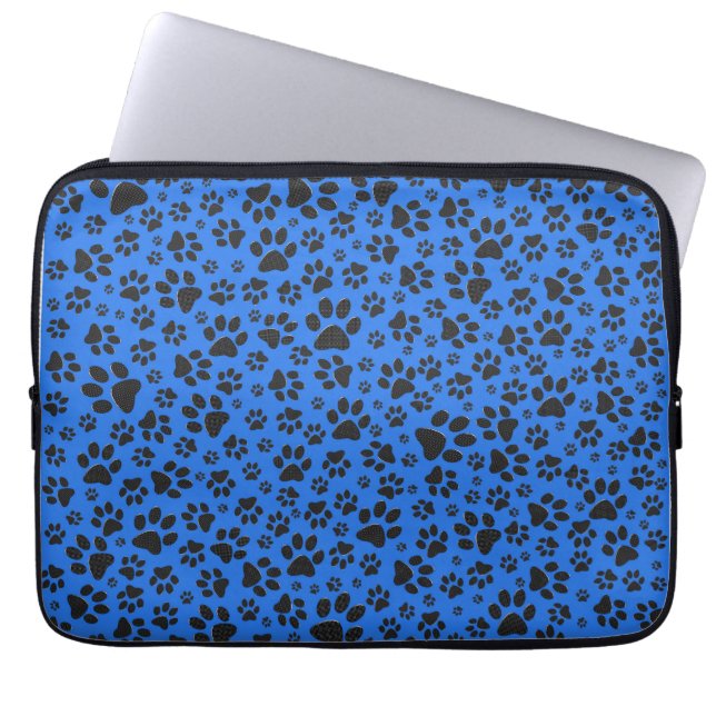 Dog Paws Black & White Polka Dot auf Tech Blue Laptopschutzhülle (Vorderseite)