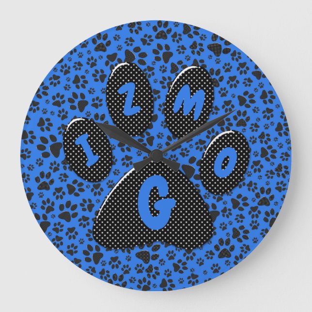Dog Paws Black & White Polka Dot auf Tech Blue Lar Große Wanduhr (Vorderseite)
