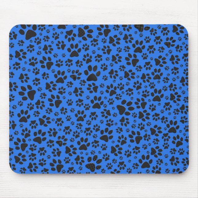 Dog Paws Black & White Polka Dot auf Tech Blue Mousepad (Vorne)