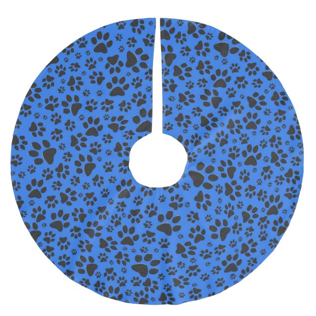 Dog Paws Black & White Polka Dot auf Tech Blue Polyester Weihnachtsbaumdecke (Vorderseite)