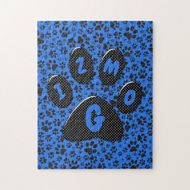 Dog Paws Black & White Polka Dot auf Tech Blue Puzzle (Vertikal)