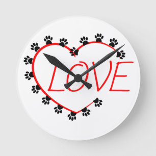 Dog Paws Red Heart Love Runde Wanduhr