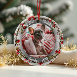 Dog Pet Erstes Weihnachtsfest Foto Red Berry Wreat Keramik Ornament<br><div class="desc">Capture your pet dog's first Christmas mit personalisierten Fotos. Fügen Sie Ihre Lieblingsfotos,  ihren Namen und das Jahr für einen einzigartigen Sake,  der Ihre neue Ankunft feiert! Entworfen von CaMiDesigns.</div>
