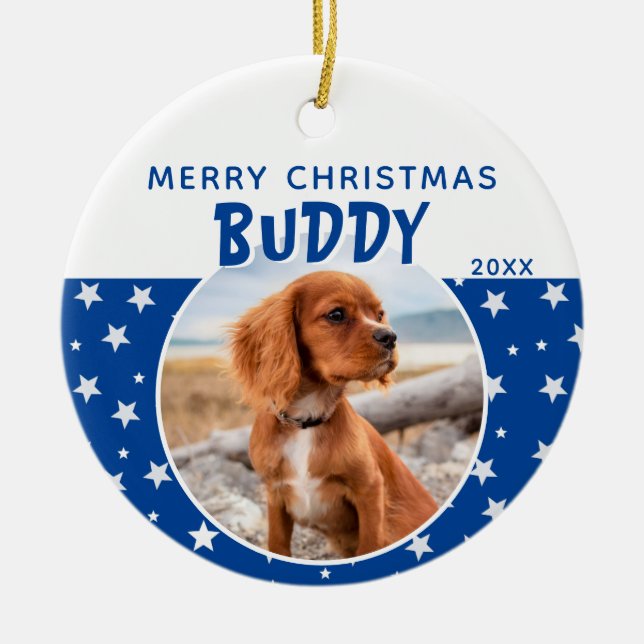 Dog Pet Foto Frohe Weihnachten Blue Star Muster Keramik Ornament (Vorne)