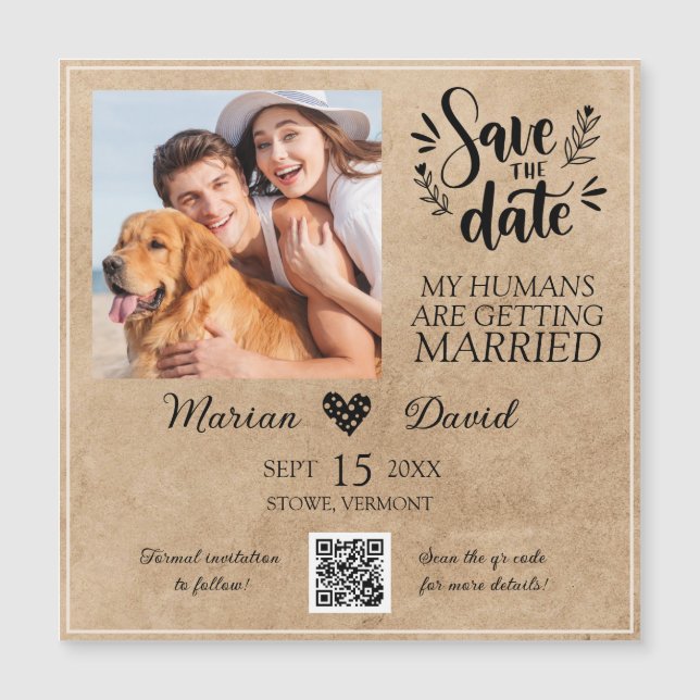 Dog Pet Foto Rustikal Save the Date Qr Code Hochze Magnetkarte (Vorderseite)