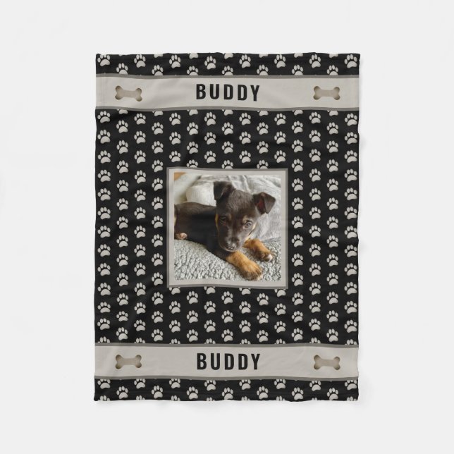 Dog Pet Lover Foto Paw Print Black Grau Fleecedecke (Vorderseite)