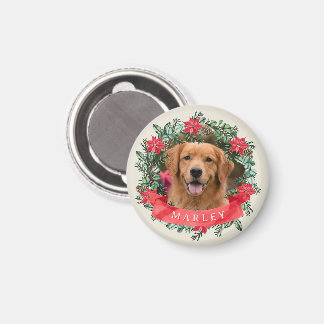 Dog Photo and Name Poinsettia Wreath Holiday Gift Magnet