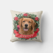 Dog Photo and Name Poinsettia Wreath Holiday Plaid