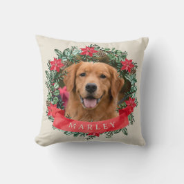 Dog Photo and Name Poinsettia Wreath Holiday Plaid Kissen