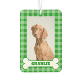 Dog Photo Pet Name in Bone on Green Gingham Plaid Autolufterfrischer