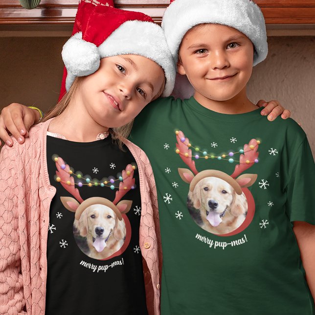 Dog Photo with Reindeer Antler Hat Merry Christmas T-Shirt (Von Creator hochgeladen)