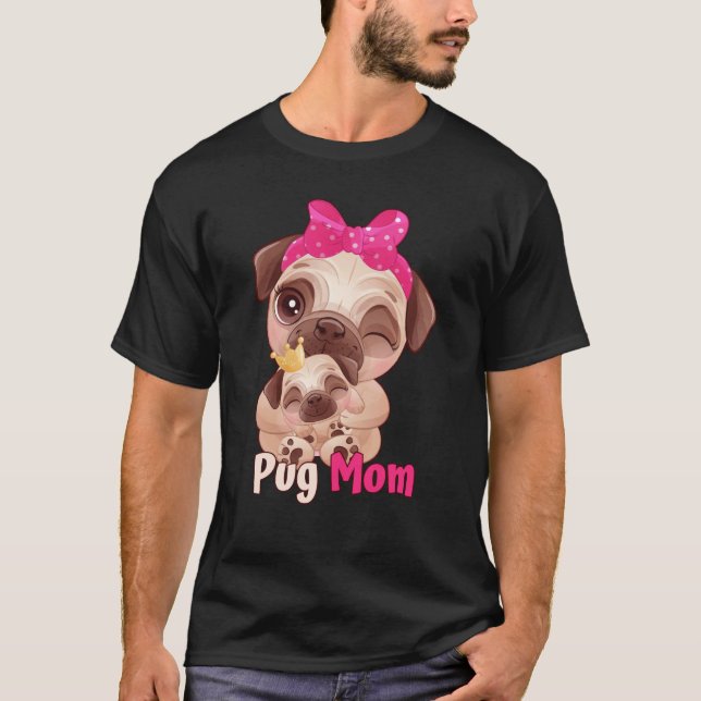 Dog  Pink Bow Cute Pug Mom T-Shirt (Vorderseite)