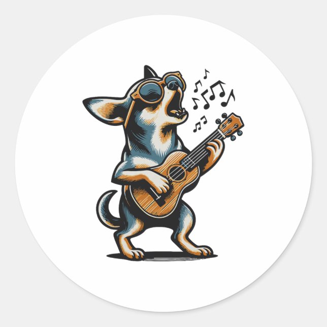 Dog Playing Guitar Singing Chihuahua Funny Dog Mar Runder Aufkleber (Vorderseite)