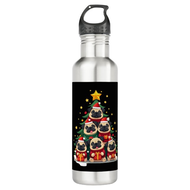 Dog Pugs Christmas Tree Cute Xmas (1) Edelstahlflasche (Vorderseite)