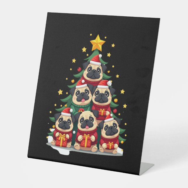 Dog Pugs Christmas Tree Cute Xmas (1) Sockelschild (Vorderseite)