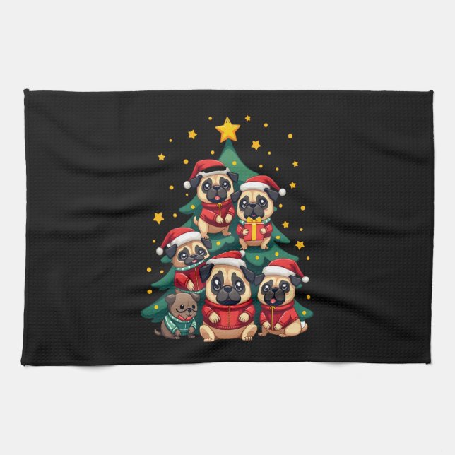 Dog Pugs Christmas Tree Cute Xmas (3) Geschirrtuch (Horizontal)