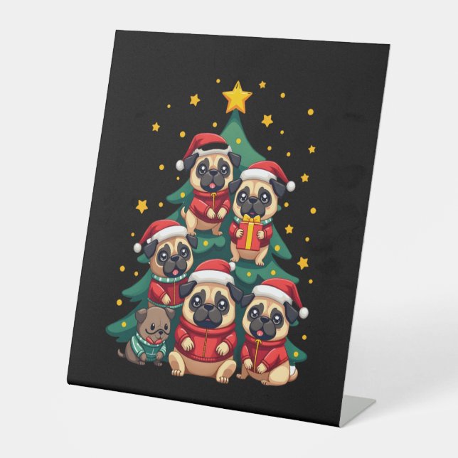 Dog Pugs Christmas Tree Cute Xmas (3) Sockelschild (Vorderseite)