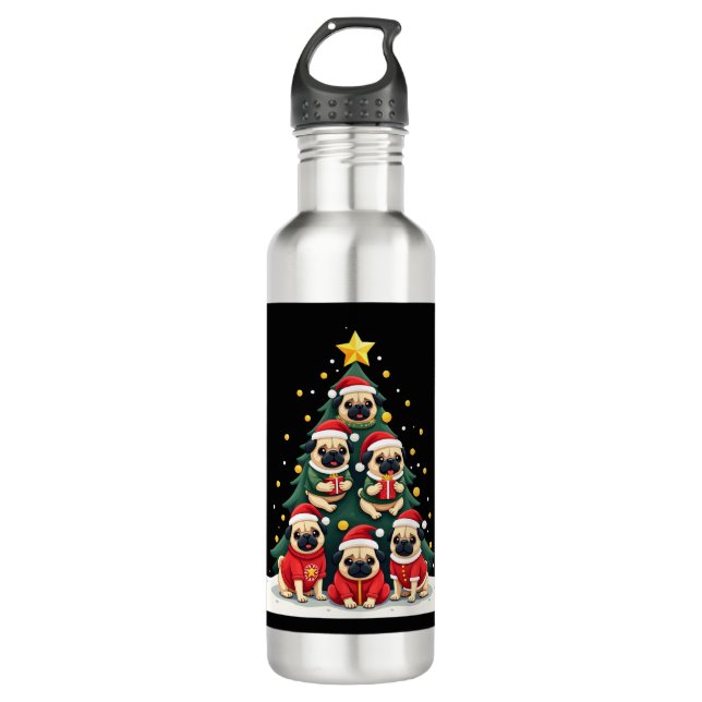 Dog Pugs Christmas Tree Cute Xmas (4) Edelstahlflasche (Vorderseite)