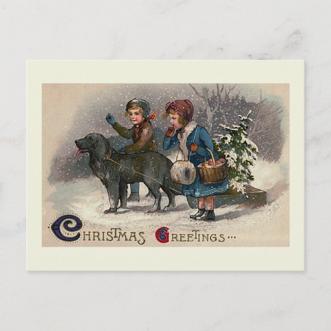 "Dog Pulling Sled" Weihnachtskarte Feiertagspostkarte (Vorderseite)