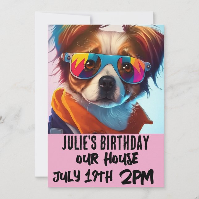 DOG PUPPY FUNY KIDS PINK GEBURTSTAGLICHE EINLADUNG (Vorderseite)