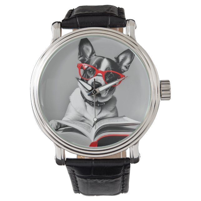 Dog Reading Book Armbanduhr (Vorderseite)