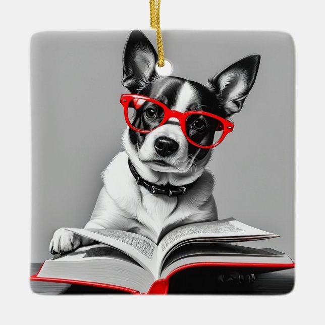 Dog Reading Book Keramikornament (Vorderseite)