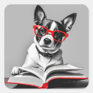 Dog Reading Book Quadratischer Aufkleber