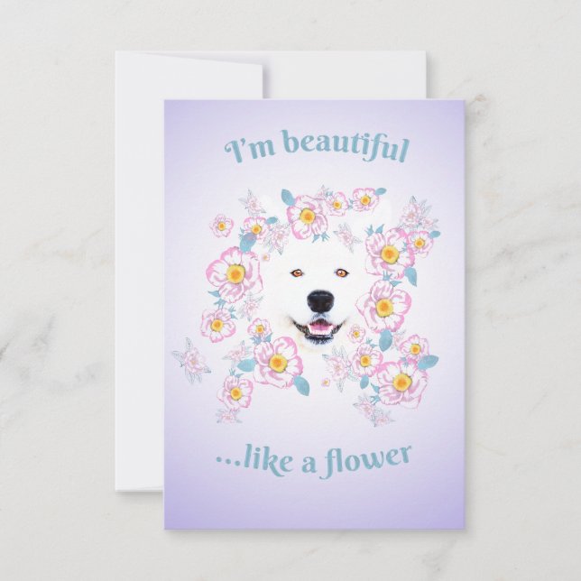 Dog Samoyed und rosa Blume Flatgreeting Card Karte (Vorderseite)