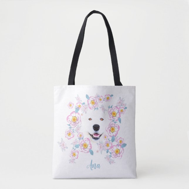 Dog Samoyed und rosa Blume, kundenspezifischer Nam (Vorderseite)