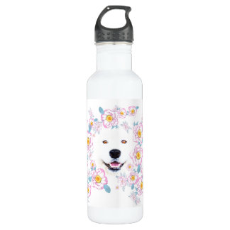 Dog Samoyed und rosa Blume, kundenspezifischer Nam Edelstahlflasche