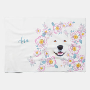 Dog Samoyed und rosa Blume, kundenspezifischer Nam Geschirrtuch