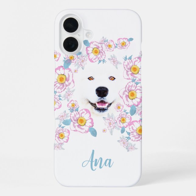 Dog Samoyed und rosa Blume, kundenspezifischer Nam iPhone Hülle (Rückseite)