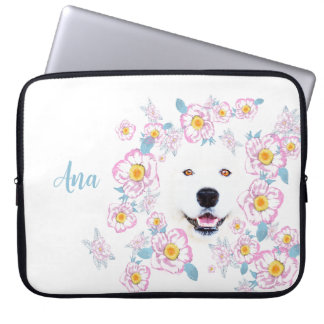 Dog Samoyed und rosa Blume, kundenspezifischer Nam Laptopschutzhülle