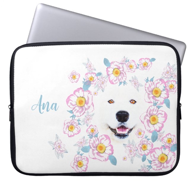 Dog Samoyed und rosa Blume, kundenspezifischer Nam Laptopschutzhülle (Vorderseite)