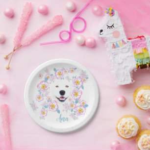 Dog Samoyed und rosa Blume, kundenspezifischer Nam Pappteller